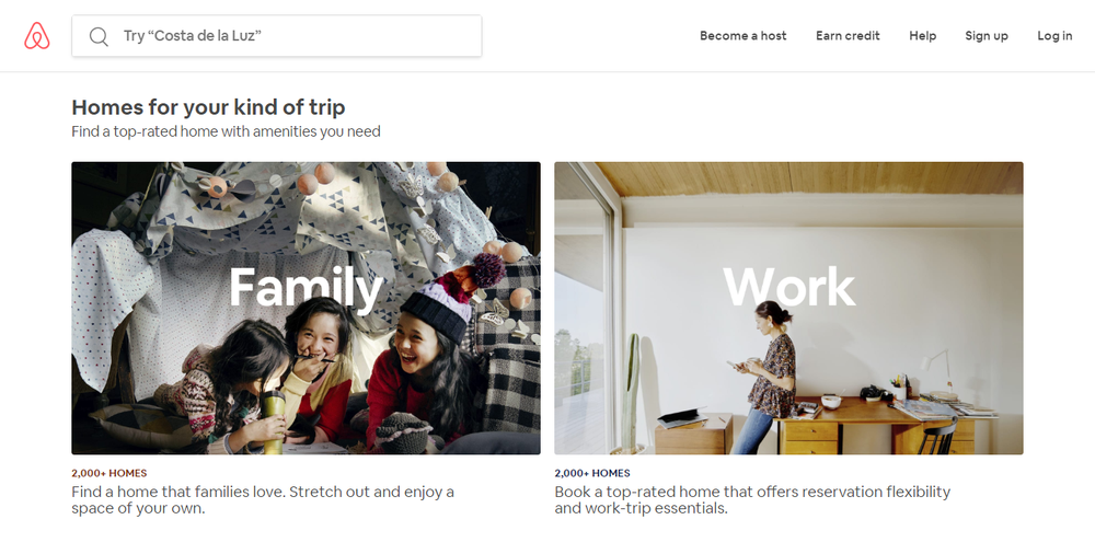 página inicial do airbnb